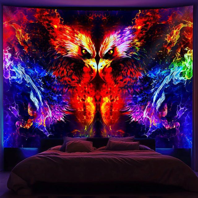 VIKAMA Wandteppich im indischen Stil mit Adlerkopf und leuchtender Flamme, Wanddekoration Multicolor, B: 100 cm, H: 100 cm - Bild 1