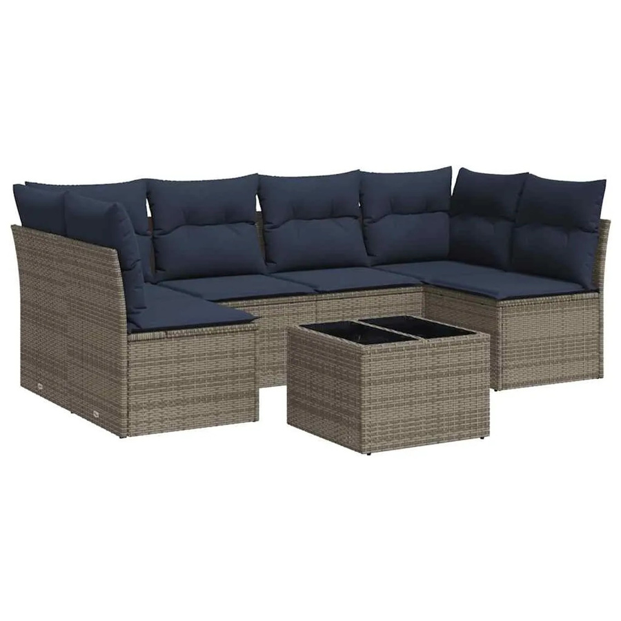 vidaXL 7-teilige Garten-Sofagarnitur in L-Form aus grauem Poly-Rattan mit Tisch und Kissen - Bild 2
