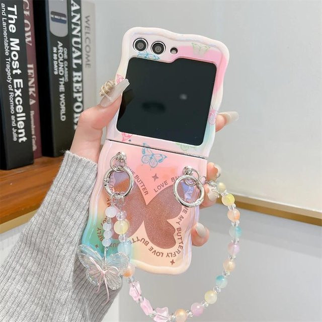 Bunte Perlen-Handschlaufe Handyhülle mit Schmetterlingsmuster und Glitzer für Samsung Galaxy Z Flip 5 4 3 5G in Multicolour - Bild 1