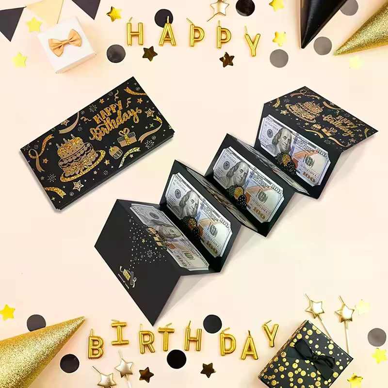 Schwarzer Geburtstags-Geschenkumschlag mit Goldrand und 6 Geldfächern aus Papier mit selbstklebendem Verschluss - Bild 4