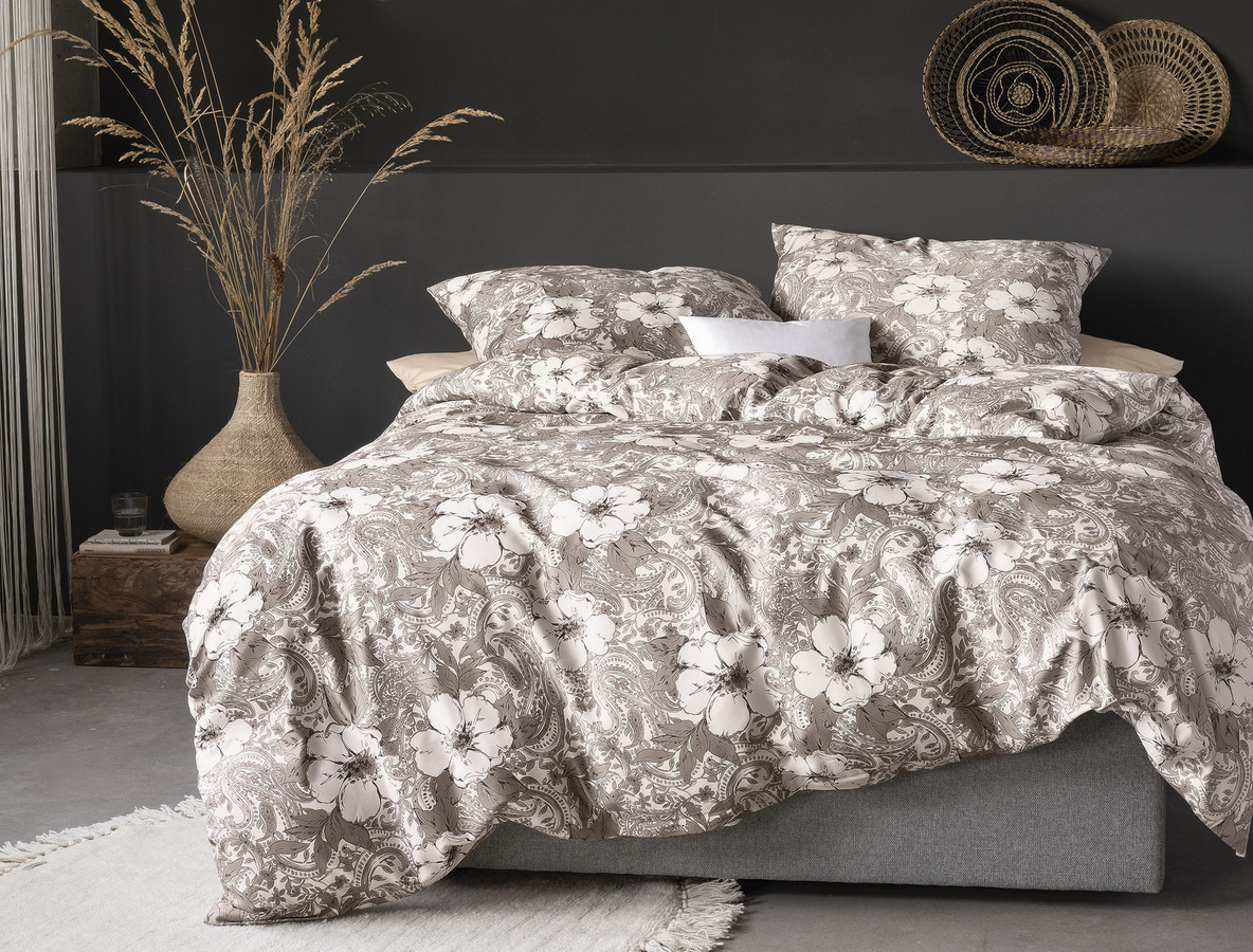 Irisette Sky Mako-Satin Bettwäsche Paisley Blüten in Taupe Natur, B/H: 155 x 220 cm mit Kissenbezug 80 x 80 cm - Bild 1