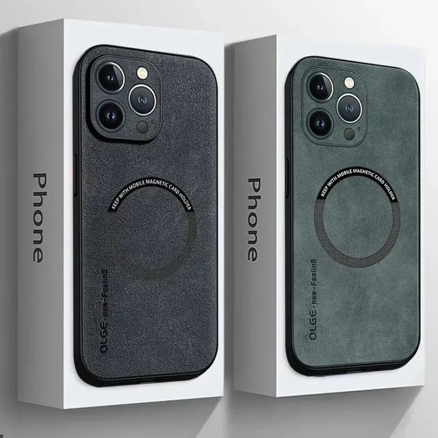 RUWANGAA MagSafe Luxus Leder Schutzhülle für iPhone 11 bis 17 Pro Max Plus, Magnetische Wireless Charging Hülle, Schwarz - Bild 1