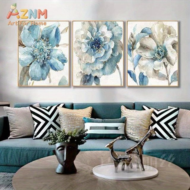3-teiliges Rahmenloses Leinwandgemälde von Kayou mit abstraktem blauem Blumenmotiv im nordischen Stil zur Wanddekoration - Bild 1