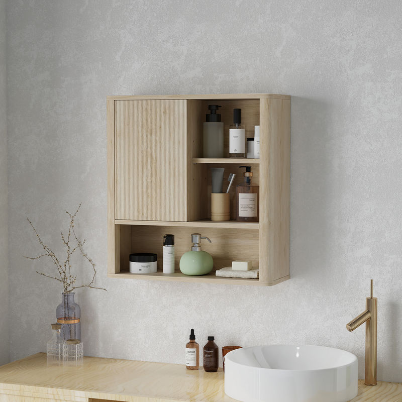 Wandhängender Badezimmerschrank von Aosom mit Schiebetüren und offenen Regalen, natürliche Holzoberfläche, B/T/H: 60 x 20 x 62 cm - Bild 2