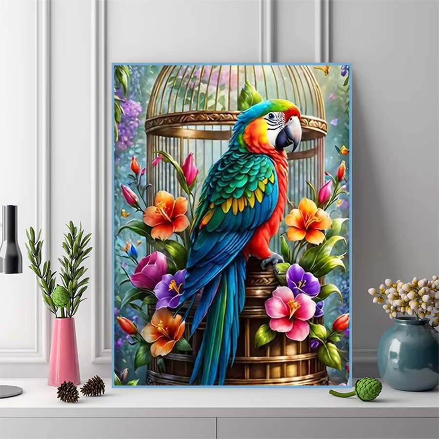 Momoart Diamant-Stickerei DIY Set Papagei und Blumen als Acryl-Mosaik zur Heimdekoration, Multicolor, B: 30,0 cm, H: 20,0 cm - Bild 3