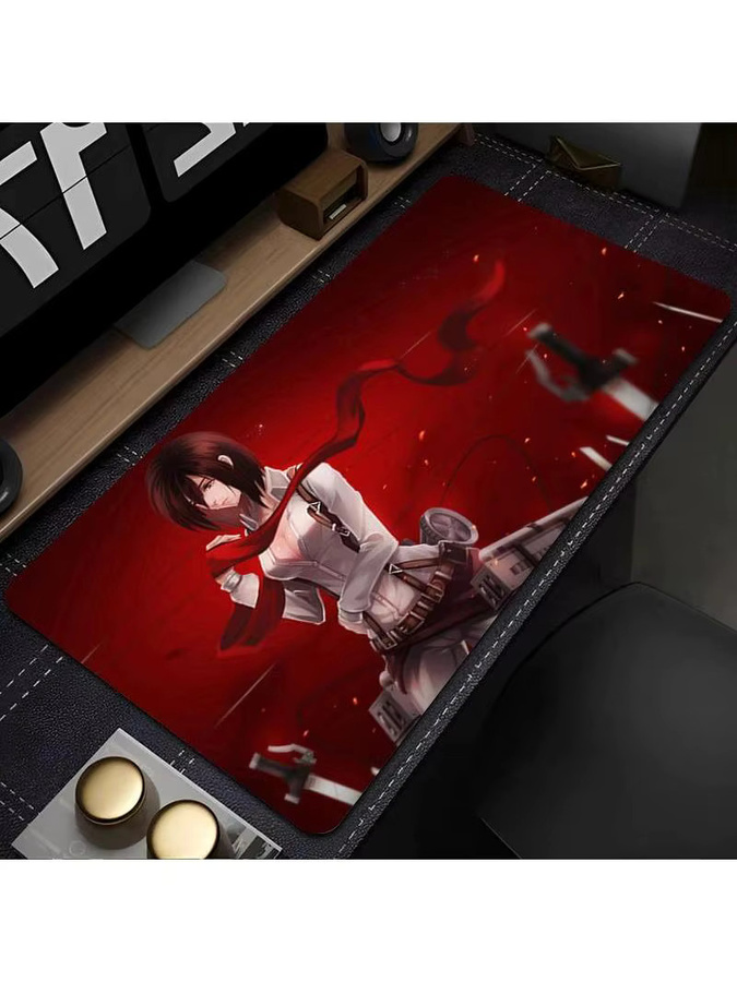 Gaming-Mauspad Attack on Titan Mikasa Anime-Druck, große rutschfeste Schreibtischunterlage mit genähten Kanten in Rot - Bild 2