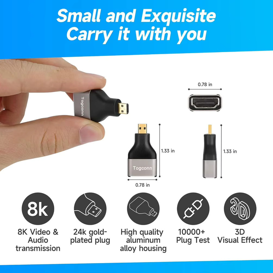 FRHY HDMI-Adapter Mini Micro auf HDMI Konverter in Schwarz für Kamera, Laptop, PS5 und Monitor, unterstützt 8K 60Hz und 4K 144Hz - Bild 2
