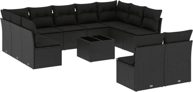 vidaXL 12-tlg Garten-Sofagarnitur aus Poly-Rattan mit Kissen und Glastisch in Schwarz - Bild 1