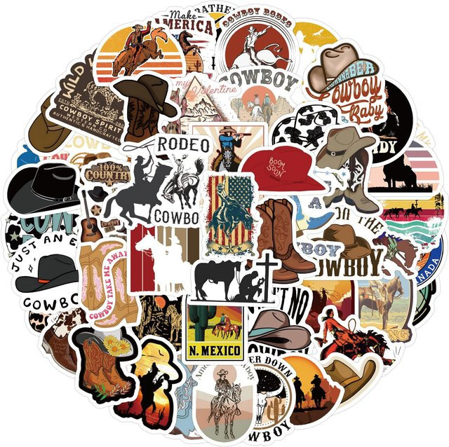 60 Cowboy Western Denim Graffiti Aufkleber im Vintage-Stil, Mehrfarbig, für Skateboard, Gitarre und Computer - Bild 1