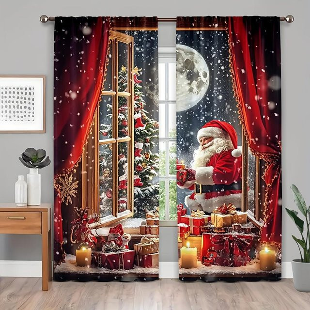 Set aus 2 halbtransparenten Polyester-Vorhängen mit Weihnachtssüßigkeiten-Kranz-Design in Multicolor, Breite: 100 cm, Höhe: 70 cm - Bild 1
