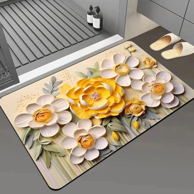 Yiran Furniture Badezimmer Fußmatte mit Blumenmuster in Grün und Gelb, rutschfest und schnelltrocknend, B/B: 40 x 60 cm - Bild 1