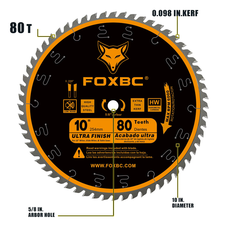 Foxbc Tischsägeblatt mit 80 Zähnen und Ultra Finish für Holzschnitte, Durchmesser: 254 mm, Schwarz - Bild 3
