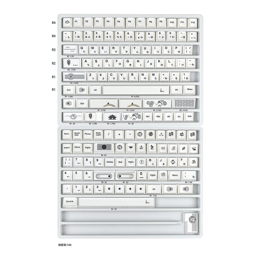 Venit Keys Tempel Tastenkappen in Weiß, 144 Stück PBT Keycaps im Cherry-Profil für mechanische MX-Tastaturen - Bild 5