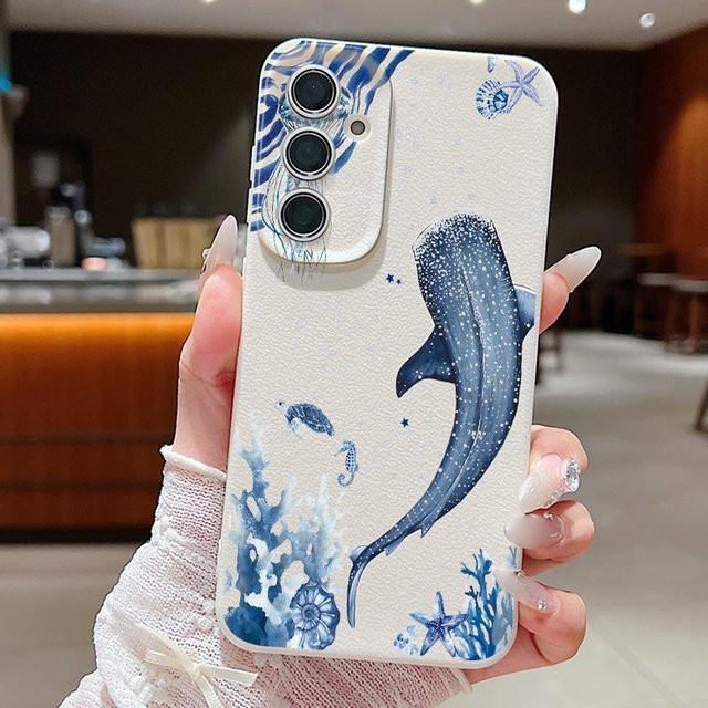 Handyhülle mit Sommer Meeres-Thema und Lederstruktur für Samsung Galaxy A55 A54 A35 A15 A16 A36 A56 A37 A17 A57 5G sowie S21 FE S22 S23 S24 S25 S26 Ultra in Weiß - Bild 1