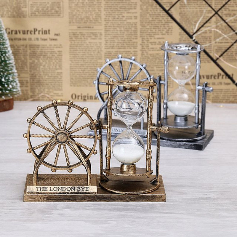Retro Riesenrad Sanduhr aus Metall in Gold als dekoratives Kunsthandwerk und Sand-Ornament - Bild 1