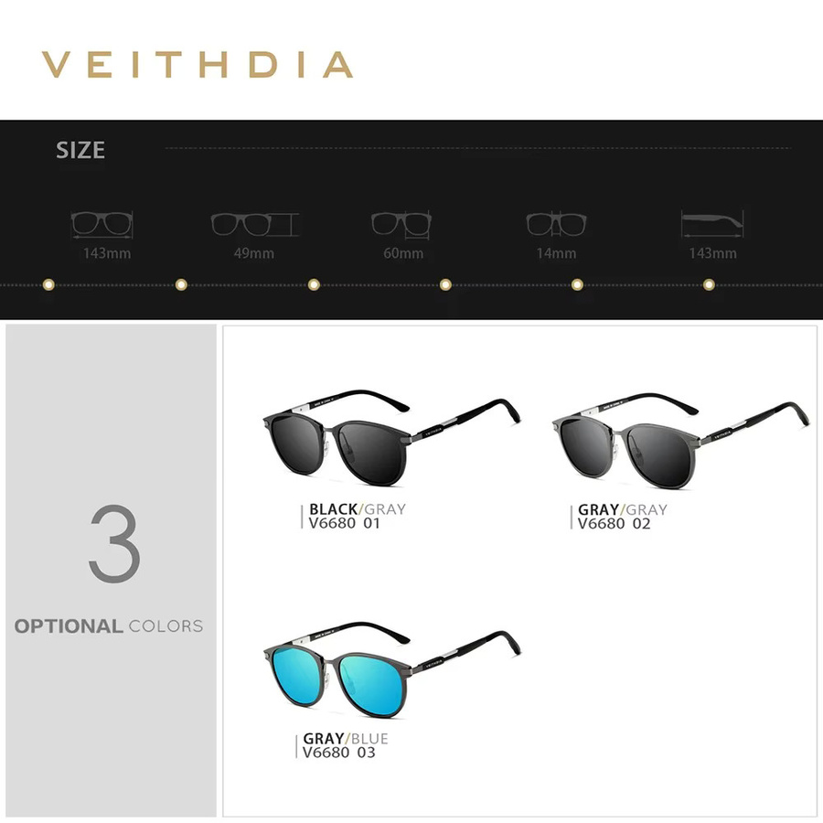 VEITHDIA FA06680 Sonnenbrille, Rund, Vollrand, Metall, Schwarz, Unisex - Bild 5