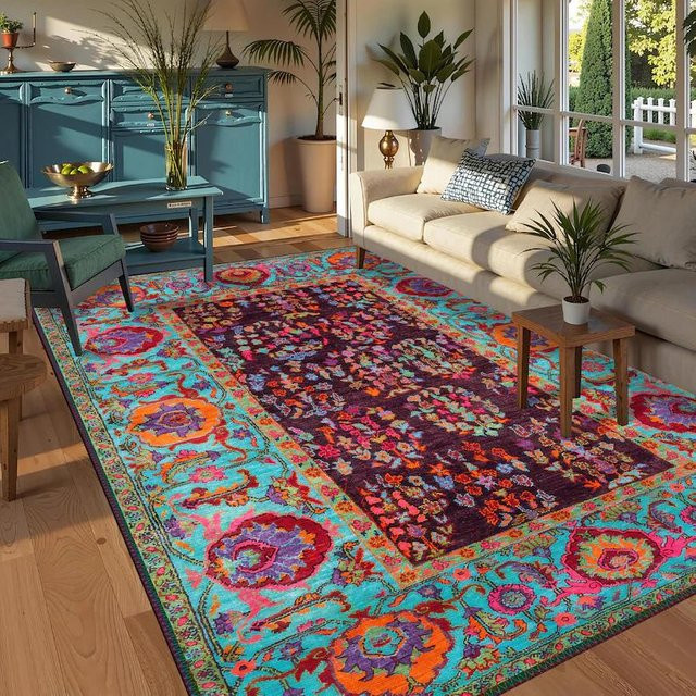 Blauer Boho-Teppich von Lodestar im orientalischen Stil, mehrfarbig, rutschfest, aus Polyester, B/H/T: 145 x 75 x 1 cm - Bild 1