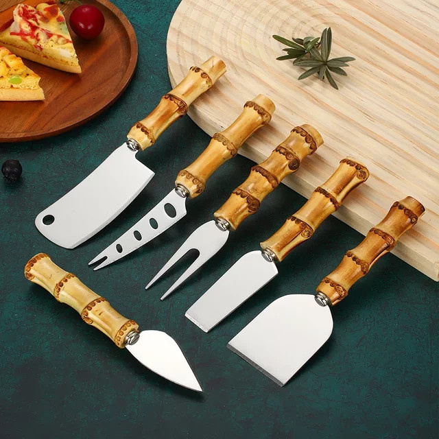 AJOYOUS Käse-Messer-Set aus Edelstahl mit Bambusgriffen, 6-teilig, Silber/Braun - Bild 1