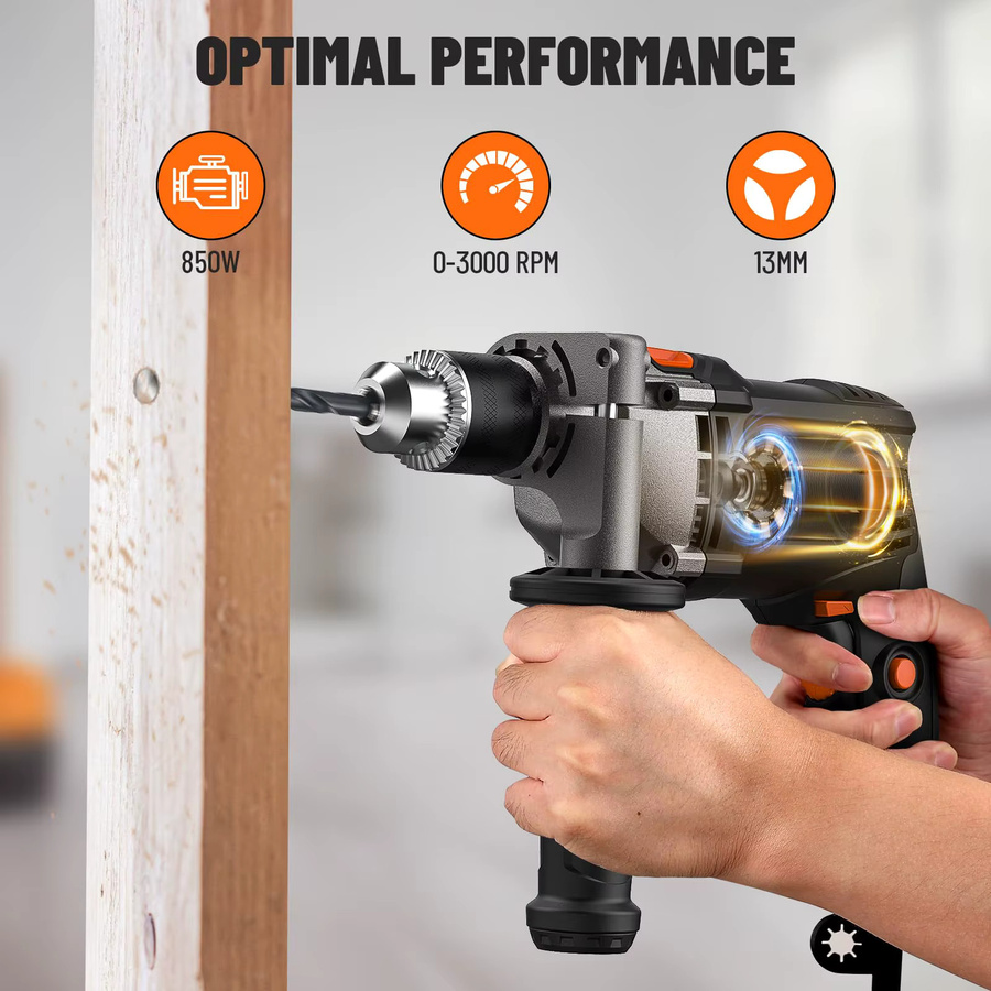 DOVAMAN Schnurgebohrhammer mit 7,5 A und 1/2 Zoll Schlagbohrmaschine, 0–3000 U/min, Metallfutter, 2 Modi für Beton, Holz und Metall, inklusive Bits und Koffer - Bild 2
