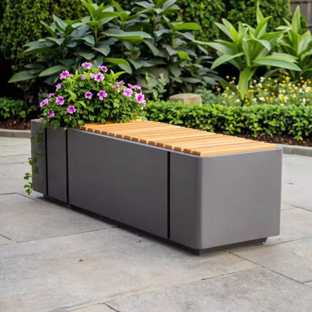XMSJ Moderne Outdoor-Sitzbank mit integriertem Blumenkasten in Grau aus wetterfestem Synthetik-Holz - Bild 1