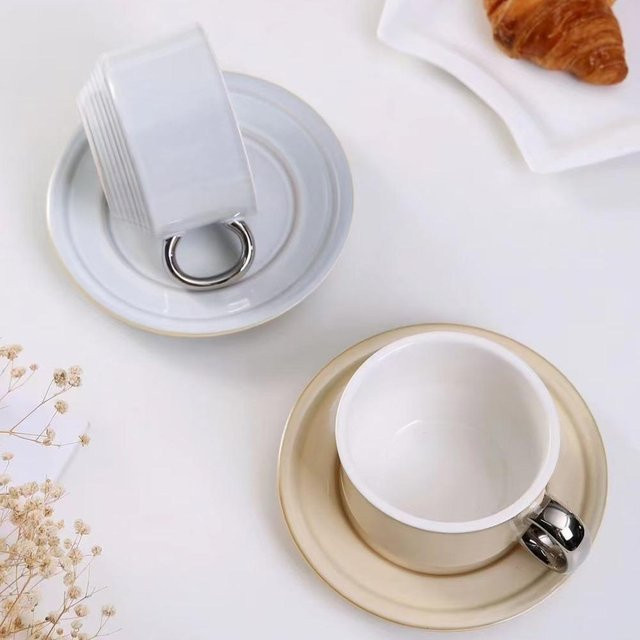 Kaffee-Tassen-Set aus Keramik von Yiran Furniture mit Untertasse, Grau, 300 ml - Bild 1