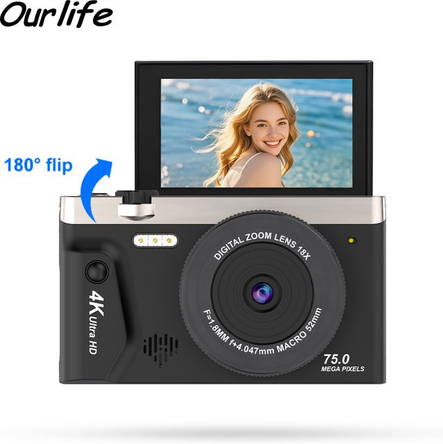 Ourlife D610 Digitale 4K Fotokamera mit 18X Digitalzoom, Vintage Vlog Videorekorder, 3,0 Zoll 180 Grad Flip-Screen und WLAN - Bild 1