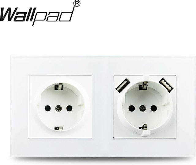 Weiße Euro-Doppelsteckdose mit USB-Anschluss und Glas-PC-Panel, geerdet, 16 A, B/H: 15,6 x 8,6 cm - Bild 1