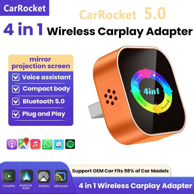 CarRock 4-in-1 Carplay-Adapter mit Android Auto, Mirror Link und WLAN als kabellose Smart Mini AI Box für USB Plug-and-Play - Bild 1