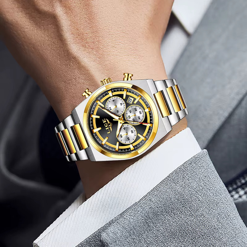 LIGE Chronograph Armbanduhr, Quarz, Edelstahl, Schwarz, Herren - Bild 5