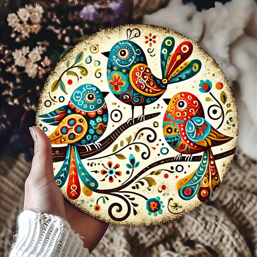 Potdemiel Wandkunst Vogel-Trio aus Metall in Multicolor mit floralen Akzenten, Rundes Eisenschild, Durchmesser: 20,3 cm - Bild 2