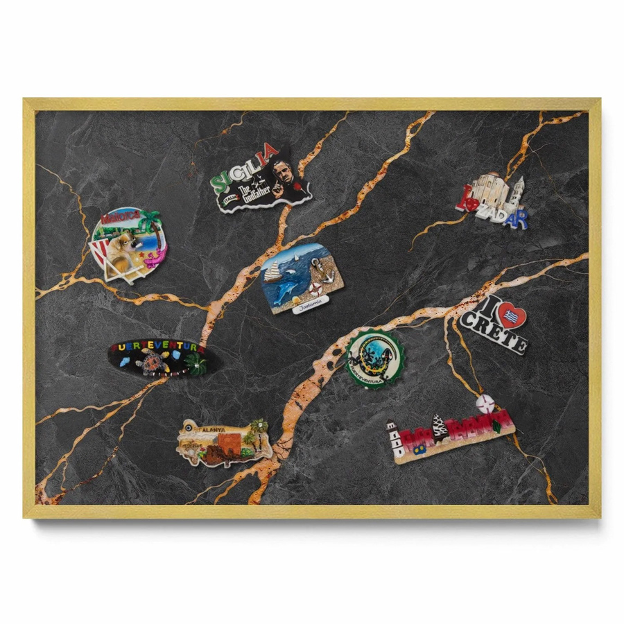 Tulup Magnettafel Metall in Dunklem Marmor mit Goldrahmen, B: 70 cm, H: 50 cm - Bild 2