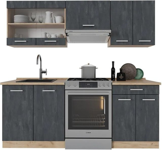 Vicco Küchenzeile R-Line in Schwarz Beton und Eiche mit Arbeitsplatte, Breite: 200 cm - Bild 2