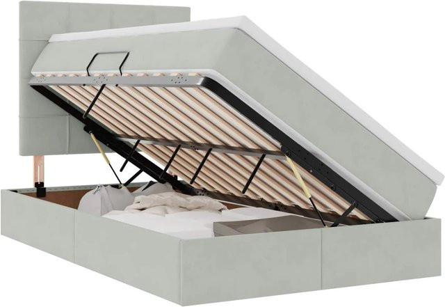 vidaXL Bett mit Stauraum und LED in Hellgrau aus Samt mit USB-Ladeport und Lift-up-Funktion B/T/H: 120 x 200 x 204 cm - Bild 1