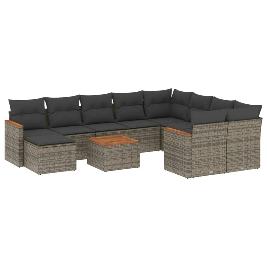 vidaXL 11-teilige Garten-Sofagarnitur aus Poly-Rattan und Akazienholz in Grau mit Kissen - Bild 2