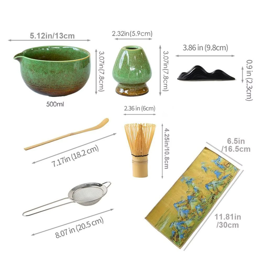 Japanisches Matcha-Teeset aus Bambus und Keramik in Grün mit Matcha-Schneebesen, Löffel und Schüssel - Bild 3