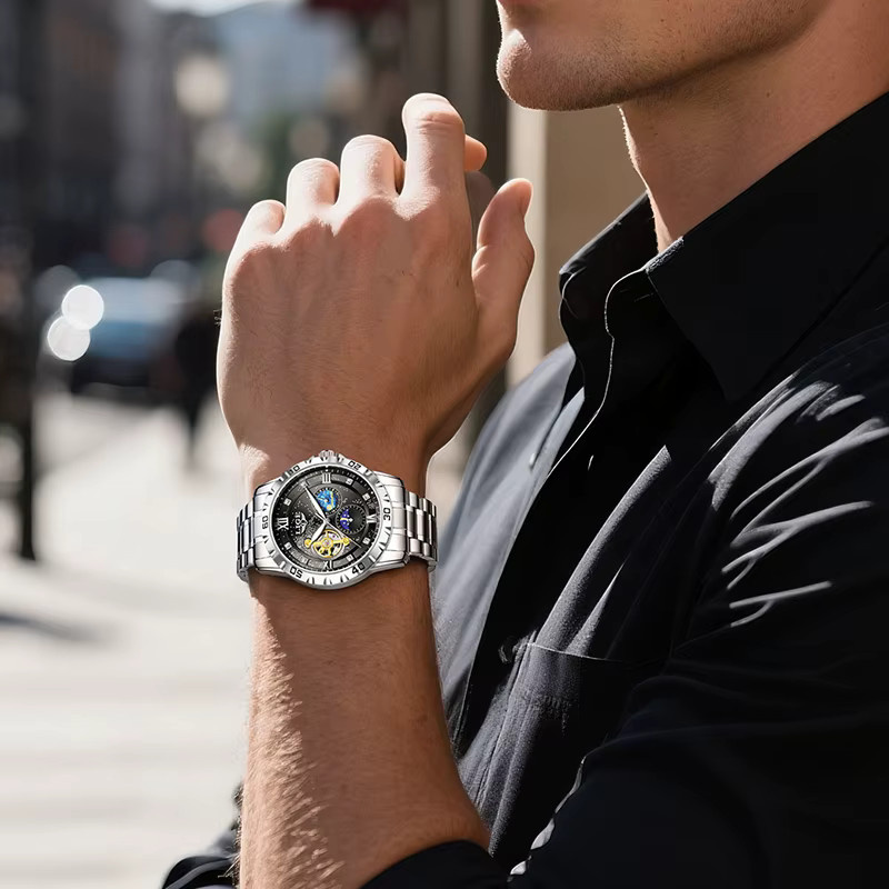 LIGE Armbanduhr Automatik, Edelstahl, Schwarz, Silber, Herren - Bild 4