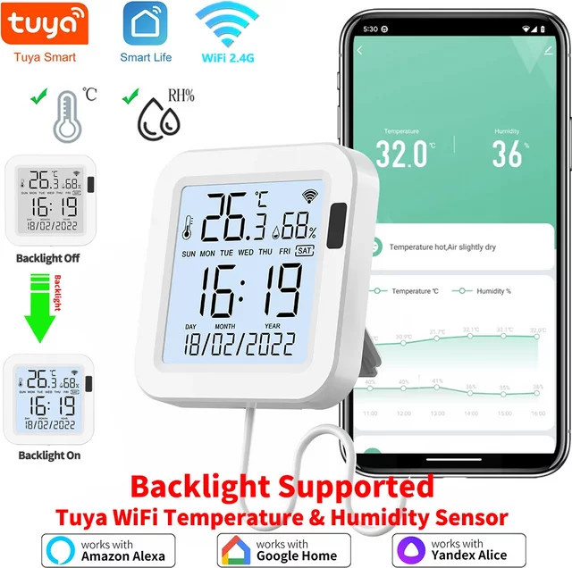 Tuya WiFi Temperatur-Feuchtigkeitssensor mit Hintergrundbeleuchtung in Weiß für Smart Home App-Steuerung mit SmartLife und Alexa Unterstützung - Bild 1