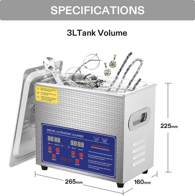 Sihao Ultraschall-Reinigungsgerät in Silber aus Edelstahl mit digitaler Zeiteinstellung und Heizfunktion - Bild 1