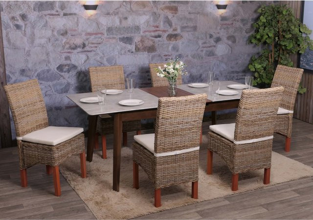 6er-Set Esszimmerstühle Var von MCW aus braunem Kubu-Rattan mit Sitzkissen und Korbgeflecht - Bild 1