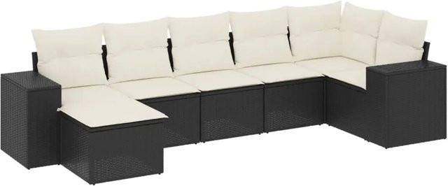 vidaXL 7-tlg. Garten-Sofagarnitur in L-Form aus Poly-Rattan mit Kissen in Schwarz und Cremeweiß - Bild 1