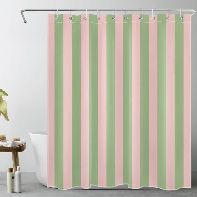 Vikama Duschvorhang mit rosa und orangefarbenem Streifenmuster, wasserdicht und schimmelresistent, B: 90 cm, H: 165 cm - Bild 1