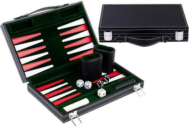 ENGELHART Reise-Backgammon, Modell 11, Koffer aus Kunstleder, Filz, Grün/Rot/Weiß - Bild 1
