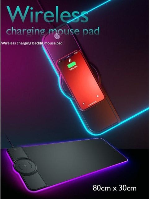 AWKICI Mauspad mit kabelloser Ladefunktion, RGB-Beleuchtung in Multicolour und extra großer Handgelenkstütze, Schwarz/Mehrfarbig - Bild 1
