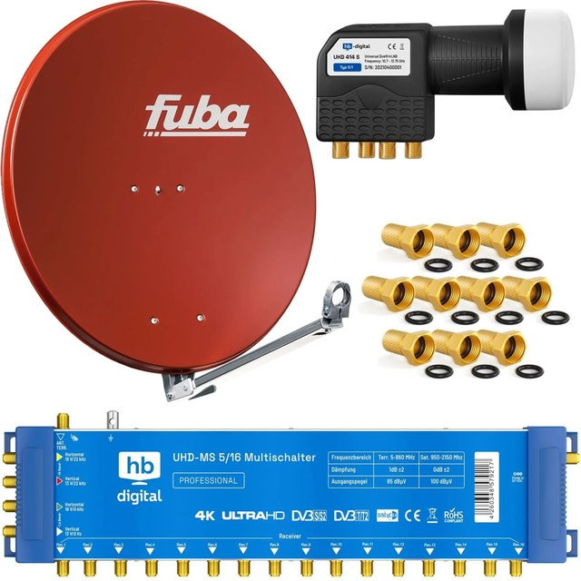 hb-digital SAT Anlage Fuba DAL 800 in Ziegelrot mit Multischalter MS 5/16 und Quattro LNB, Durchmesser: 80 cm - Bild 1