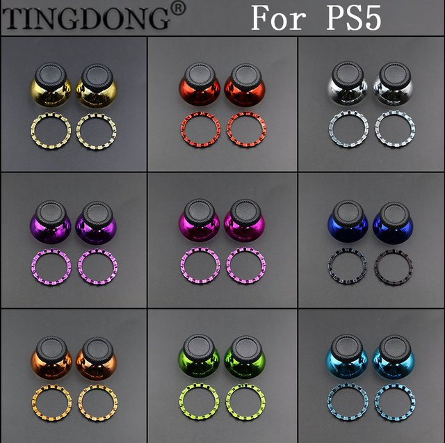 TingDong 3D Analog Pilz Kappen für PS5 Controller V1 V2 V3 BDM-010 020 030 mit Chrom Metall Akzent Ringen in Silber - Bild 1