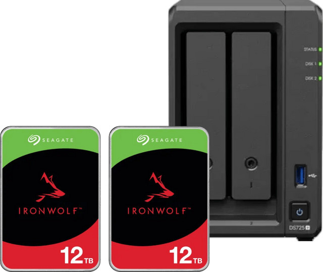 Synology DS725+ NAS-System mit 2x 12 TB Seagate IronWolf Festplatten Doppelpack in Schwarz - Bild 1
