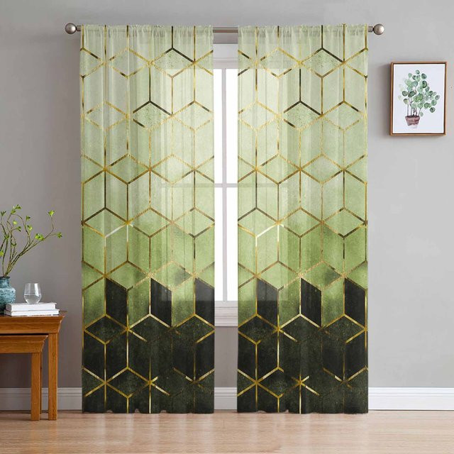 Transparente Tüll Voile Vorhänge mit geometrischem abstraktem Design in Grün und Beige von Household supplies MH, Breite: 135 cm, Höhe: 115 cm - Bild 1