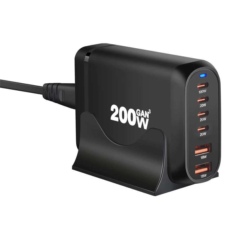 Deepartner 200W GaN Tischladegerät mit 6 USB-Ports, USB Typ C PD Fast Charge 3.0 Schnellladegerät, Schwarz - Bild 3