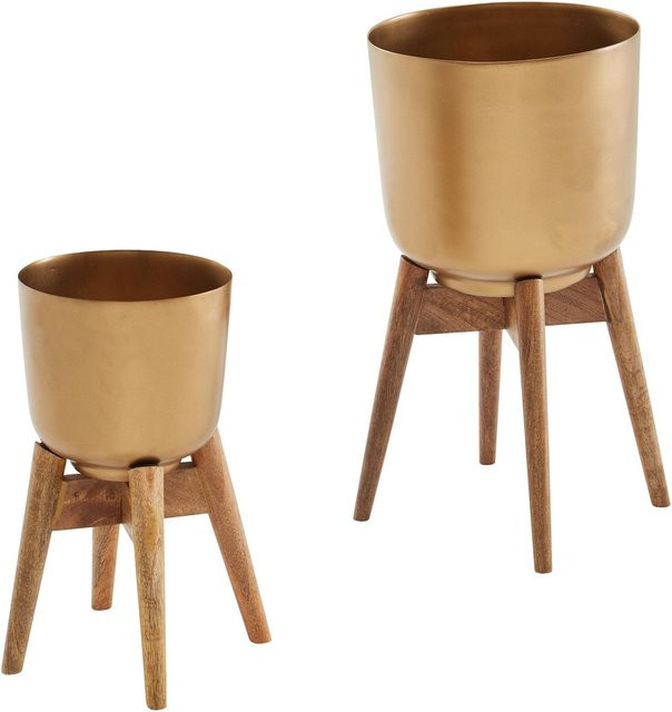 2er Set Blumentöpfe FineBuy modern aus Metall und Holz in Gold, rund, Tischdeko Pflanzenkübel, Höhe: 31 cm, Durchmesser: 31 cm - Bild 1