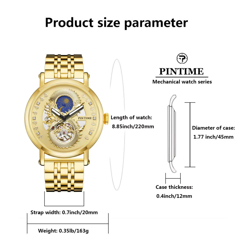 PINTIME Armbanduhr Gold, Automatik, Sonnen- und Mondphasen, Herren - Bild 2